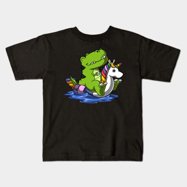 T-Rex Dinosaur Riding Unicorn Float Kids T-Shirt by underheaven